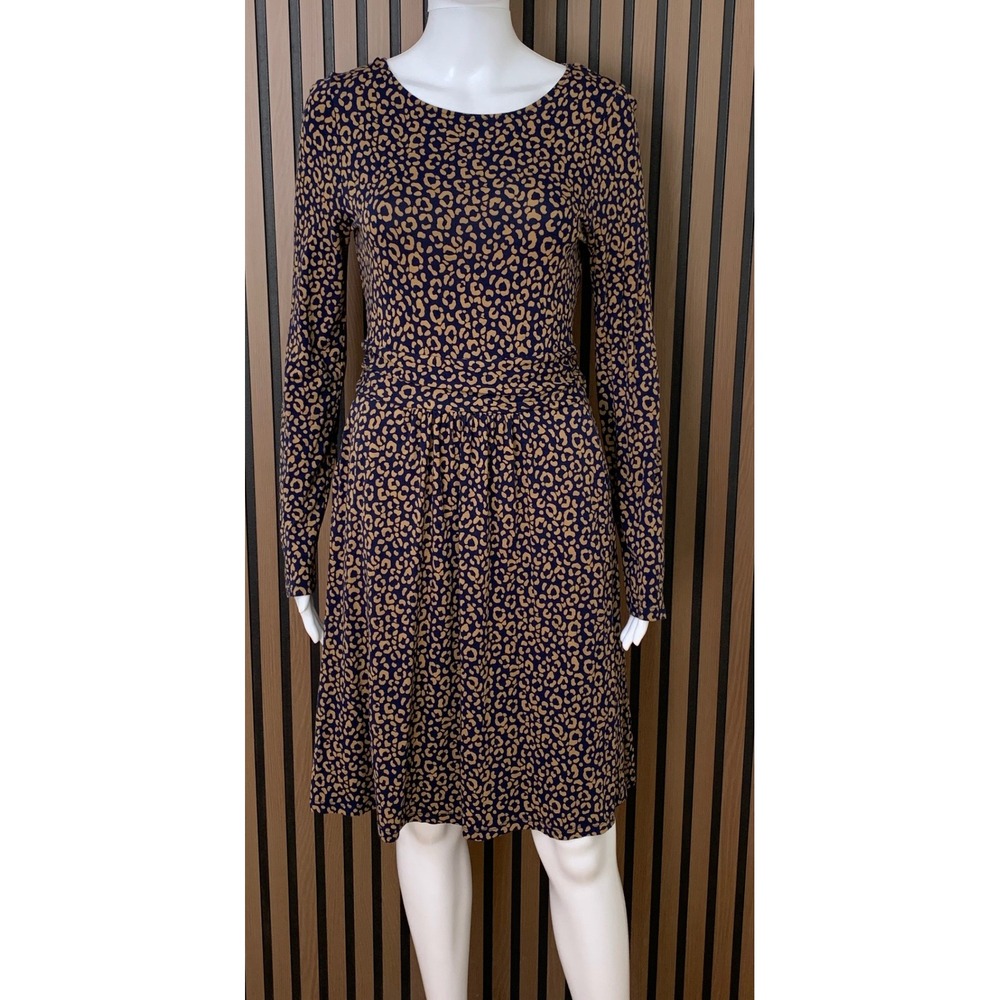 Boden Women's Navy Tan Leopard Print Long Sleeve Jersey Dress US 6R Classic
